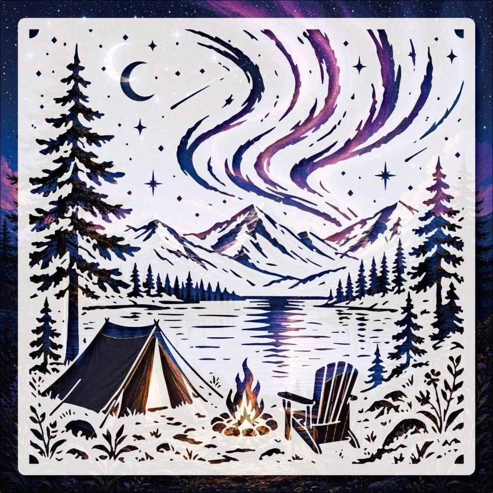 Northern Lights Lake Camping Painting Stencil, Reusable Outdoor Mountain Landscape Stencil, Suitable For Walls, Canvas, Fabric, Furniture And DIY Art Decoration Projects