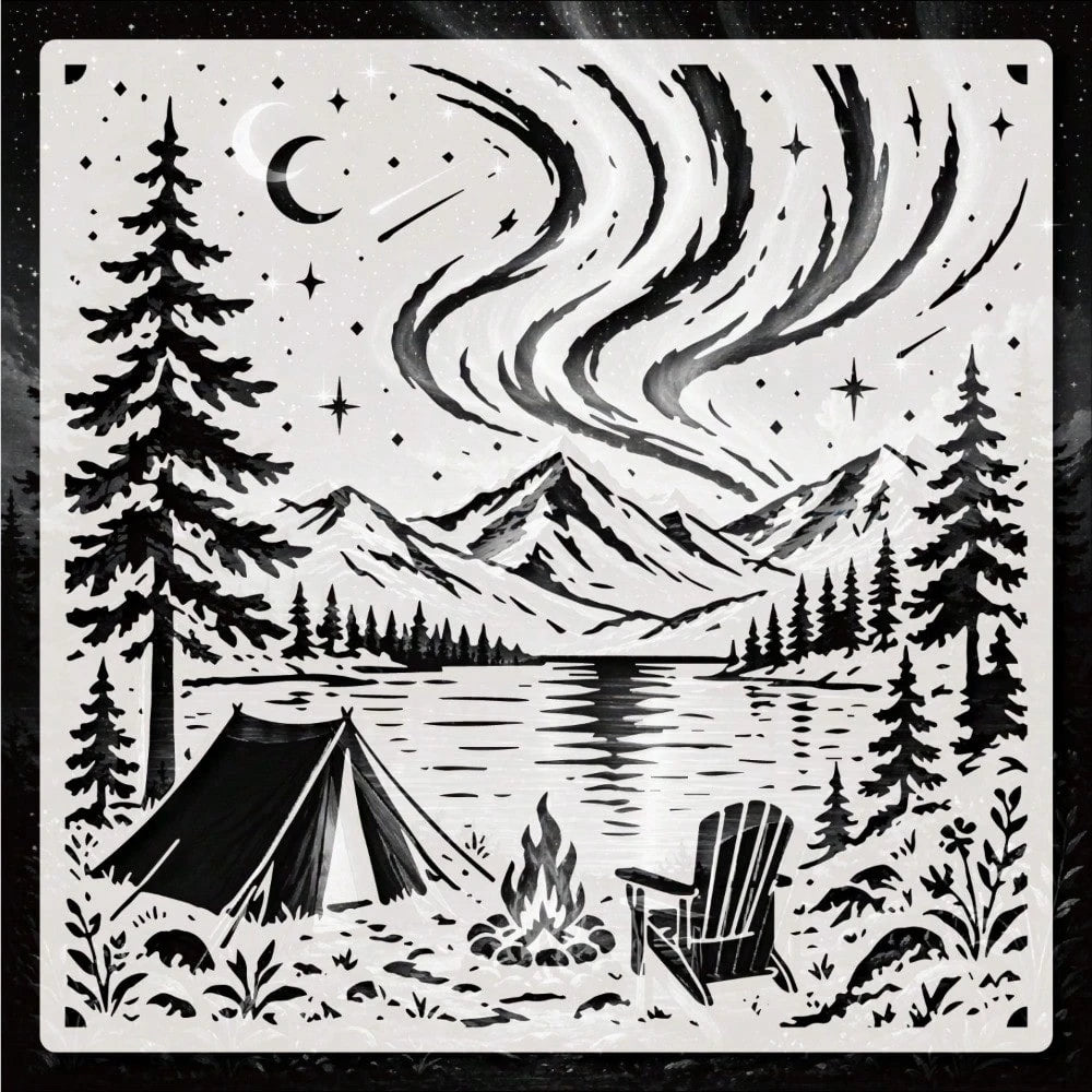Northern Lights Lake Camping Painting Stencil, Reusable Outdoor Mountain Landscape Stencil, Suitable For Walls, Canvas, Fabric, Furniture And DIY Art Decoration Projects