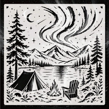 Northern Lights Lake Camping Painting Stencil, Reusable Outdoor Mountain Landscape Stencil, Suitable For Walls, Canvas, Fabric, Furniture And DIY Art Decoration Projects
