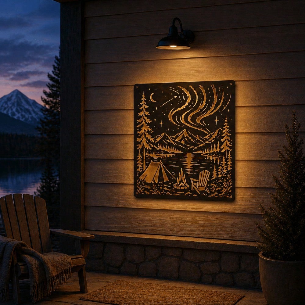 Northern Lights Lake Camping Painting Stencil, Reusable Outdoor Mountain Landscape Stencil, Suitable For Walls, Canvas, Fabric, Furniture And DIY Art Decoration Projects