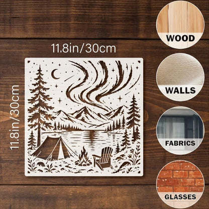 Northern Lights Lake Camping Painting Stencil, Reusable Outdoor Mountain Landscape Stencil, Suitable For Walls, Canvas, Fabric, Furniture And DIY Art Decoration Projects
