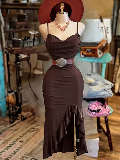 NostaNoir Women's Fashion Solid Color Asymmetrical Hem Slit Camisole Dress (Belt Not Included)