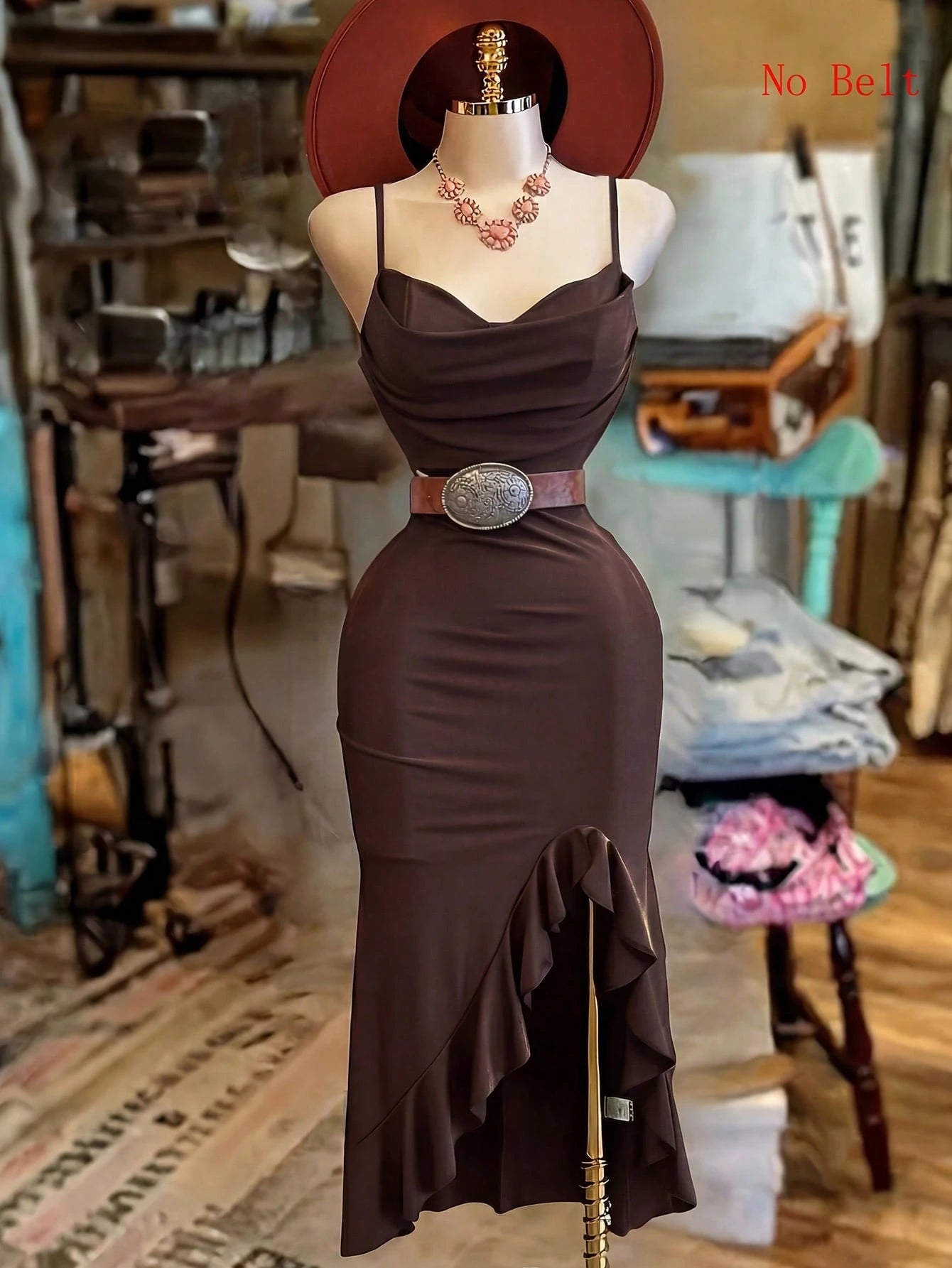 NostaNoir Women's Fashion Solid Color Asymmetrical Hem Slit Camisole Dress (Belt Not Included)