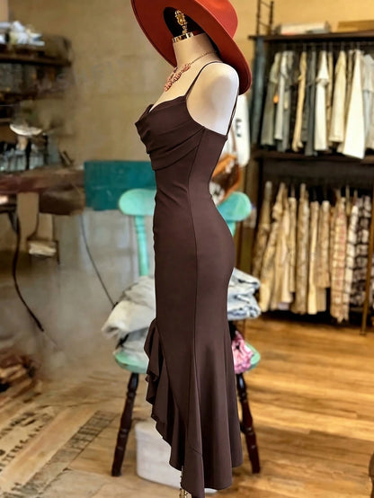 NostaNoir Women's Fashion Solid Color Asymmetrical Hem Slit Camisole Dress (Belt Not Included)