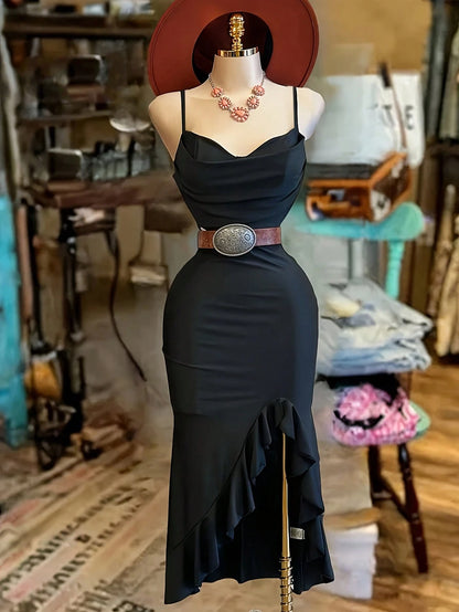 NostaNoir Women's Fashion Solid Color Asymmetrical Hem Slit Camisole Dress (Belt Not Included)