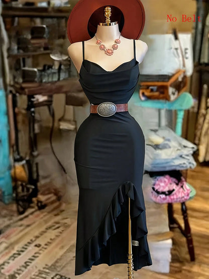 NostaNoir Women's Fashion Solid Color Asymmetrical Hem Slit Camisole Dress (Belt Not Included)