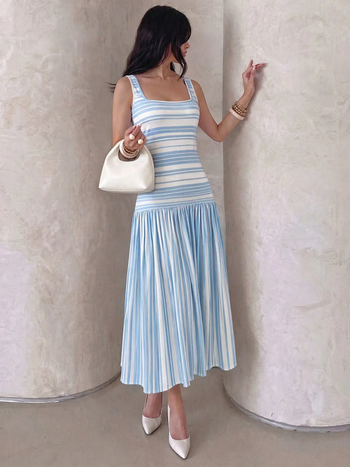 NOVVYNE Women's Long Knit Striped Patchwork Vest-Style Romantic Vacation Charm French Long Dress