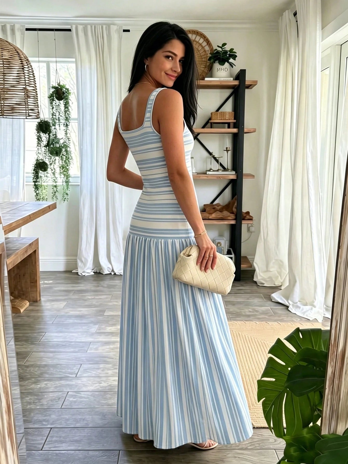 NOVVYNE Women's Long Knit Striped Patchwork Vest-Style Romantic Vacation Charm French Long Dress