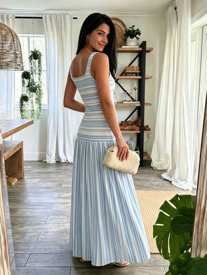 NOVVYNE Women's Long Knit Striped Patchwork Vest-Style Romantic Vacation Charm French Long Dress