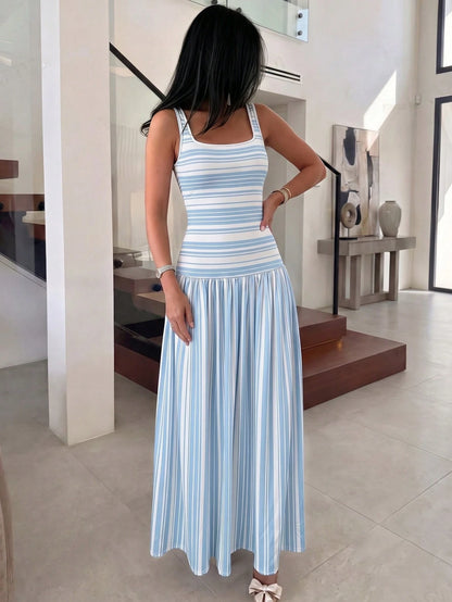 NOVVYNE Women's Long Knit Striped Patchwork Vest-Style Romantic Vacation Charm French Long Dress