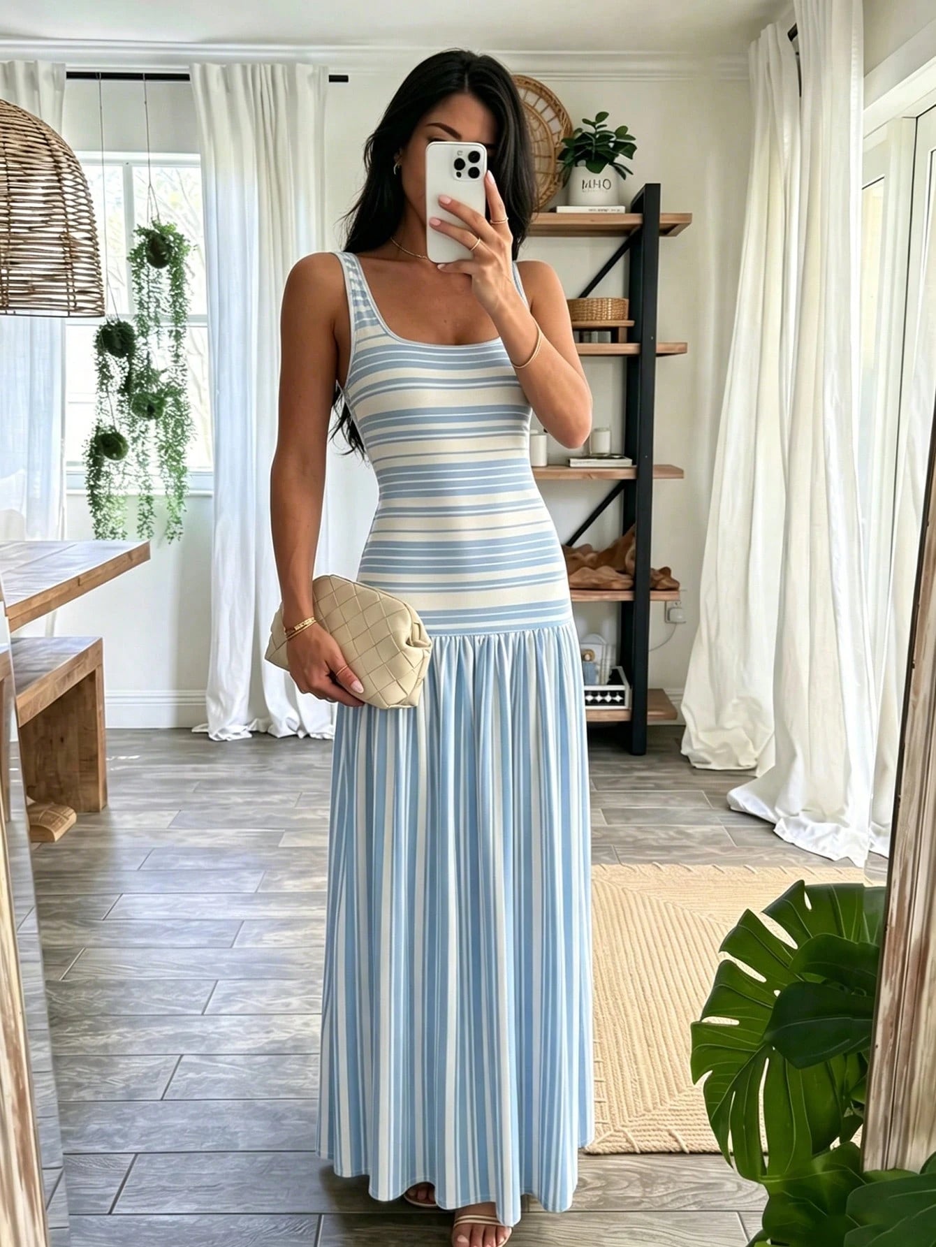NOVVYNE Women's Long Knit Striped Patchwork Vest-Style Romantic Vacation Charm French Long Dress