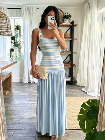 NOVVYNE Women's Long Knit Striped Patchwork Vest-Style Romantic Vacation Charm French Long Dress
