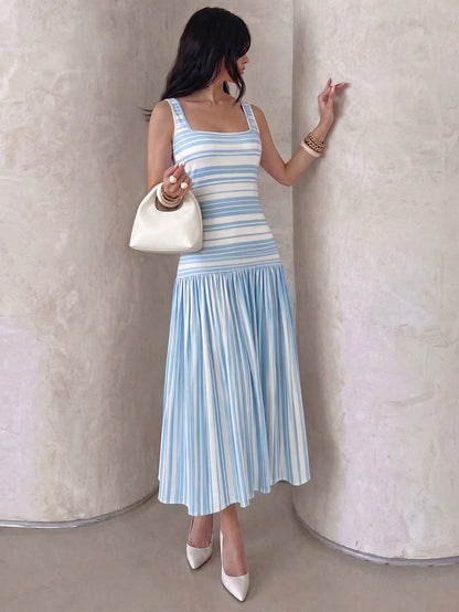 NOVVYNE Women's Long Knit Striped Patchwork Vest-Style Romantic Vacation Charm French Long Dress