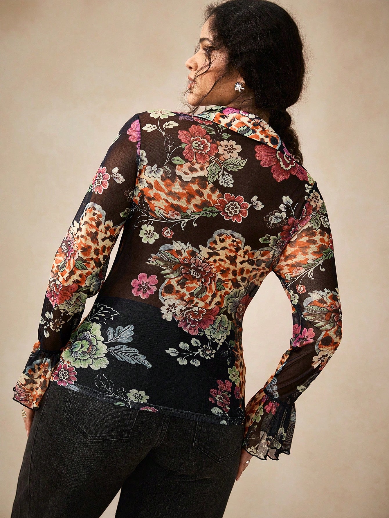 Nubod Plus Size Women's Floral Print Sheer Mesh Top