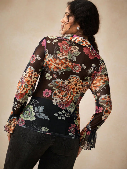 Nubod Plus Size Women's Floral Print Sheer Mesh Top