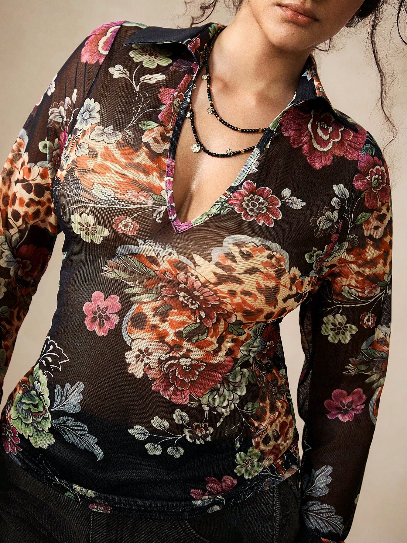 Nubod Plus Size Women's Floral Print Sheer Mesh Top