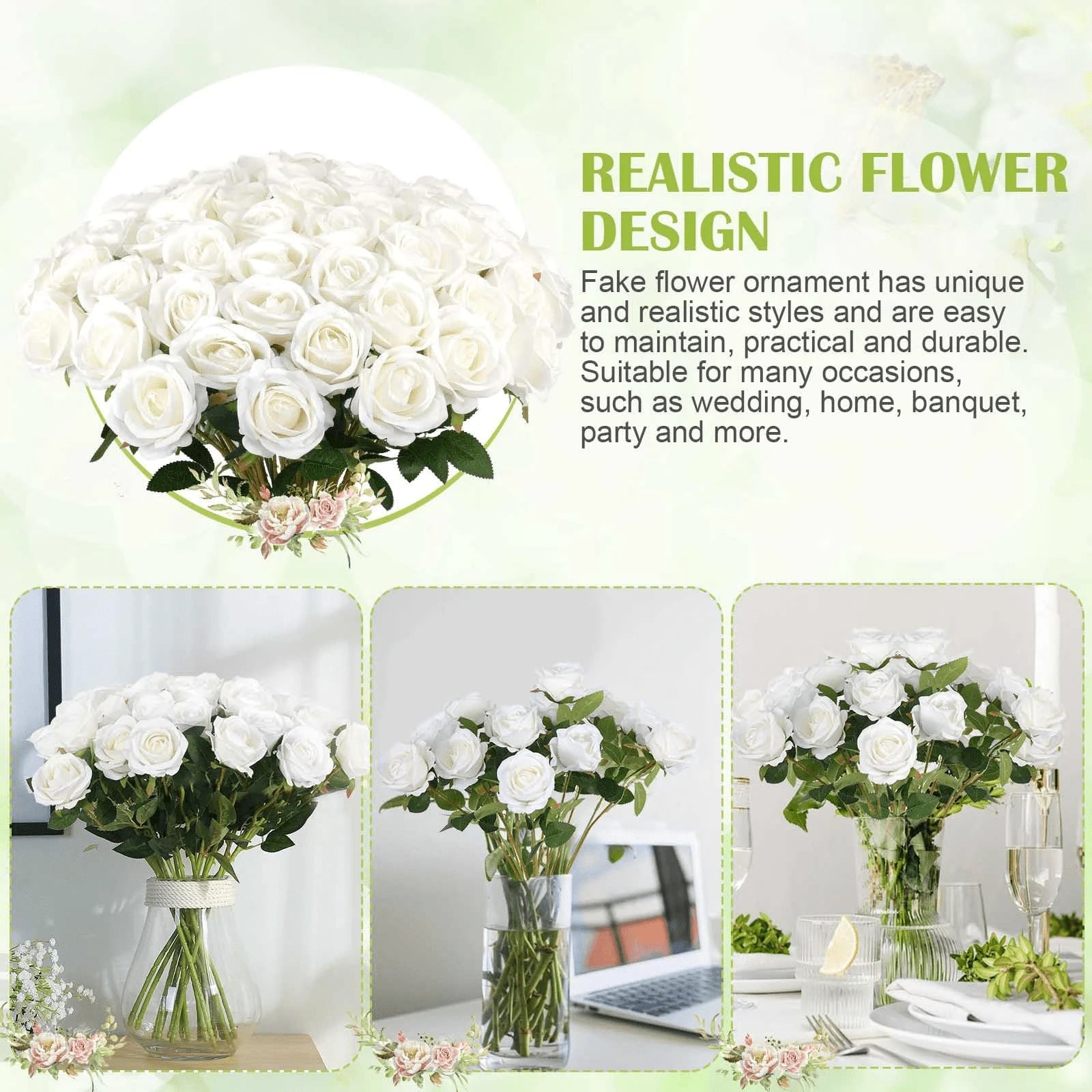 Oaoleer 1PC Artificial Roses Bulk Velvet Silk White Roses White Roses For Wedding Centerpieces Bridal Bouquet Mohter's Day Valentine's Day Home Decor