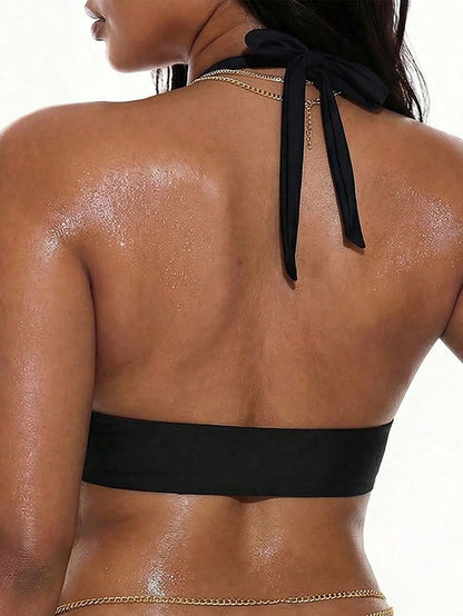 Oceva 2026 New Plus Size Black Hollow Chest Metal Trim Halter Tie Shoulder Strap Minimalist Elegant Fashion Sexy Beach Vacation Women Swimwear Top