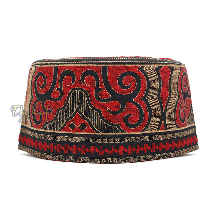 Omani Kufi Hat Black Red & Gold Embroidery