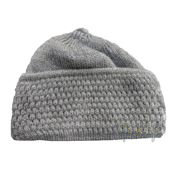 One-Size Gray Thick-Weave Stretchy Double Layer Warm Cotton-Acrylic Beanie Hat with pom-pom