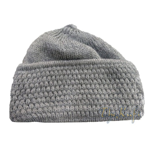 One-Size Gray Thick-Weave Stretchy Double Layer Warm Cotton-Acrylic Beanie Hat with pom-pom