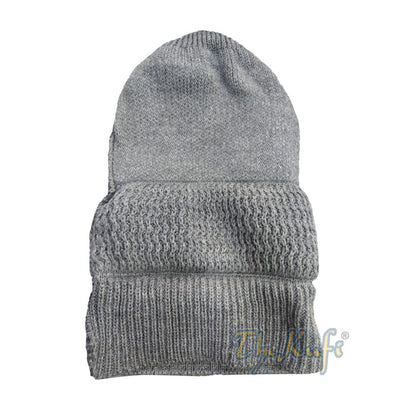 One-Size Gray Thick-Weave Stretchy Double Layer Warm Cotton-Acrylic Beanie Hat with pom-pom