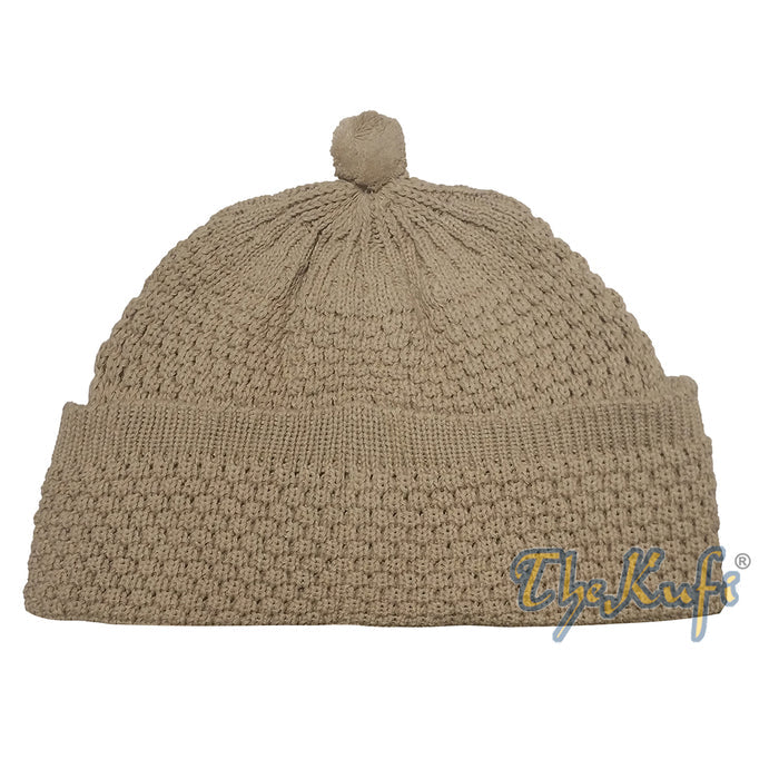 One-Size Light Brown Thick-Weave Stretchy Double Layer Warm Cotton-Acrylic Beanie Hat with pom-pom