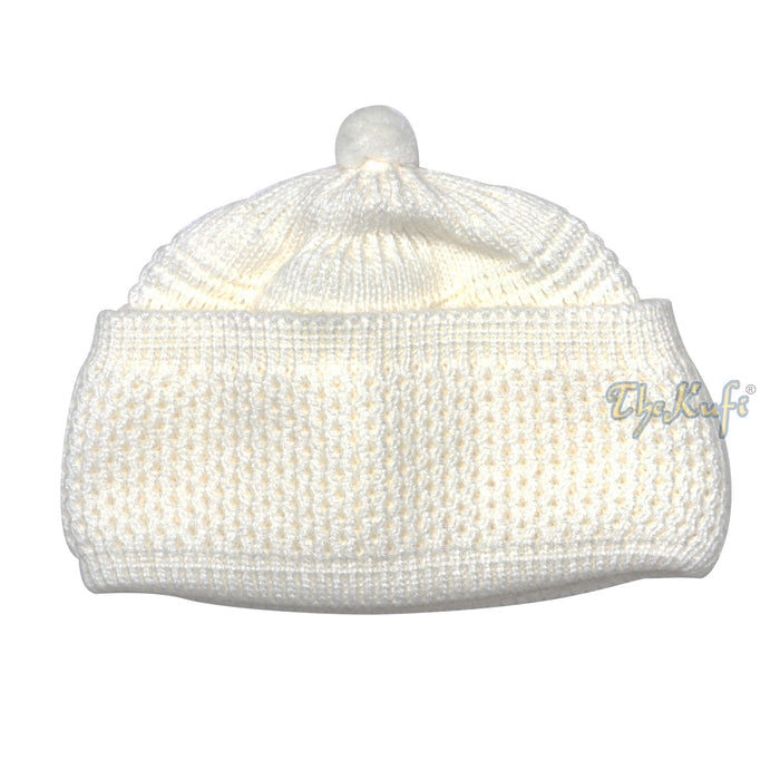 One-size White Thick-weave Stretchy Double Layer Warm Cotton-acrylic Beanie Hat with pom-pom