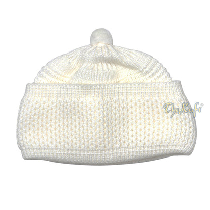 One-size White Thick-weave Stretchy Double Layer Warm Cotton-acrylic Beanie Hat with pom-pom