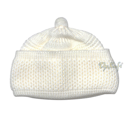One-size White Thick-weave Stretchy Double Layer Warm Cotton-acrylic Beanie Hat with pom-pom