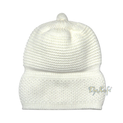 One-size White Thick-weave Stretchy Double Layer Warm Cotton-acrylic Beanie Hat with pom-pom