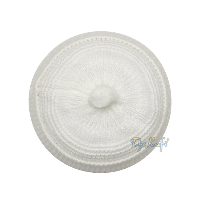 One-size White Thick-weave Stretchy Double Layer Warm Cotton-acrylic Beanie Hat with pom-pom