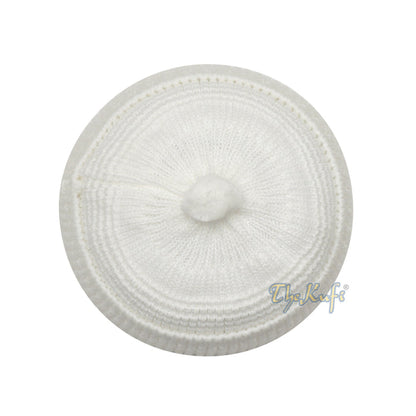 One-size White Thick-weave Stretchy Double Layer Warm Cotton-acrylic Beanie Hat with pom-pom