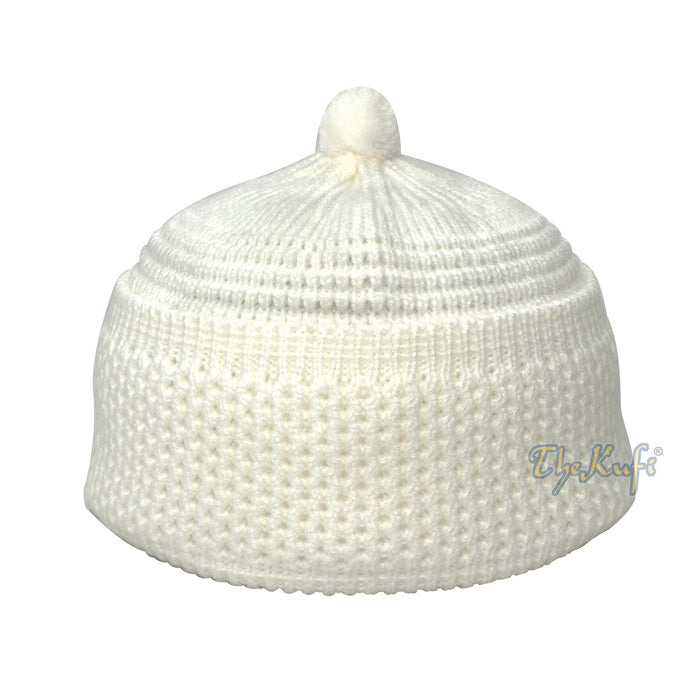 One-size White Thick-weave Stretchy Double Layer Warm Cotton-acrylic Beanie Hat with pom-pom