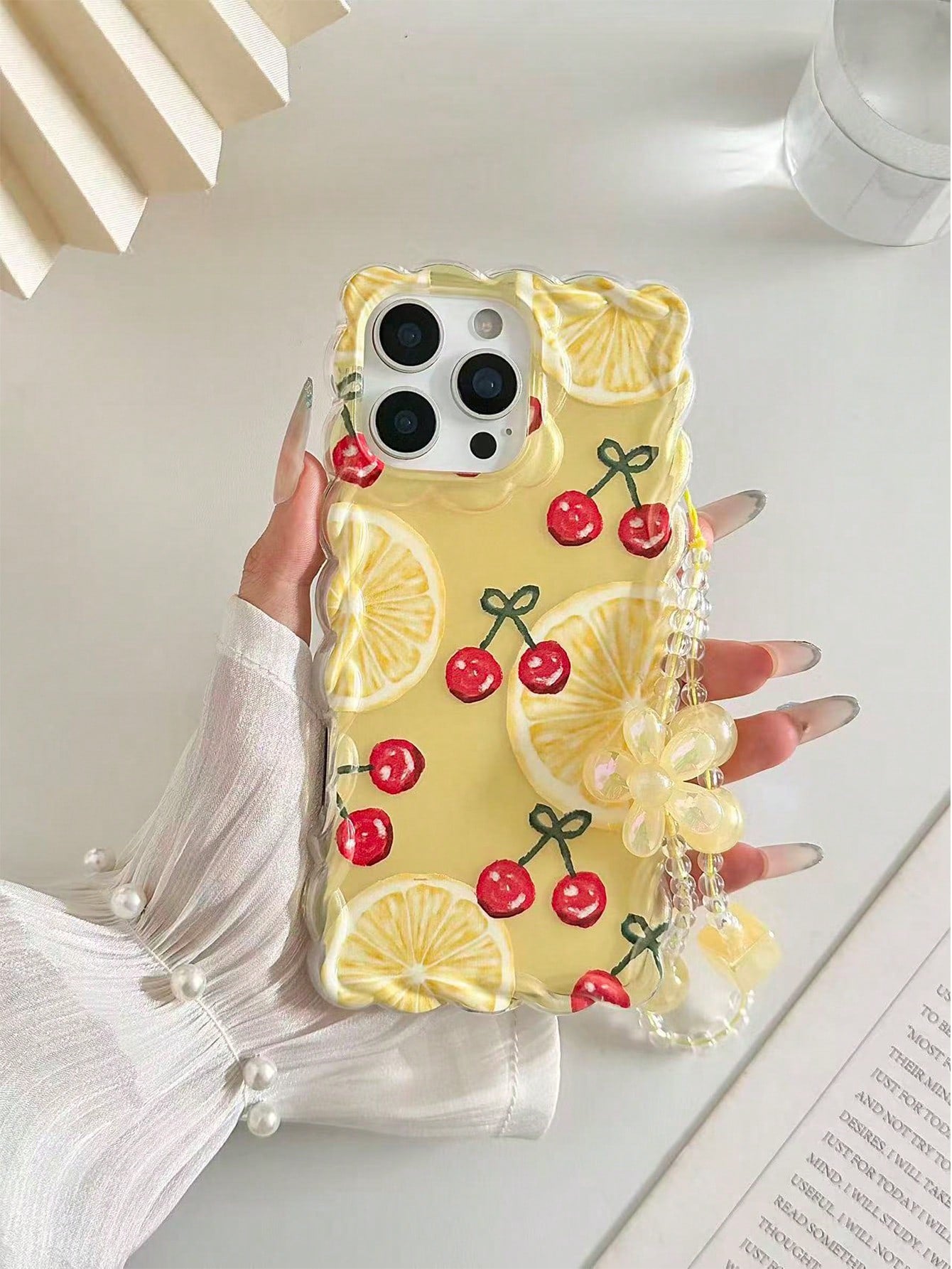 Orange Cherry Painted Braided Wave Edge Transparent Protective Phone Case Compatible With Iphone 17/17 Pro/17 Pro Max, 16/16 Pro/16 Pro Max/16 Plus, 14, 15, XS, XR, 7/8, 7P/8P, Printed Colorful Shockp