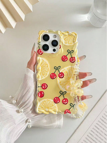 Orange Cherry Painted Braided Wave Edge Transparent Protective Phone Case Compatible With Iphone 17/17 Pro/17 Pro Max, 16/16 Pro/16 Pro Max/16 Plus, 14, 15, XS, XR, 7/8, 7P/8P, Printed Colorful Shockp