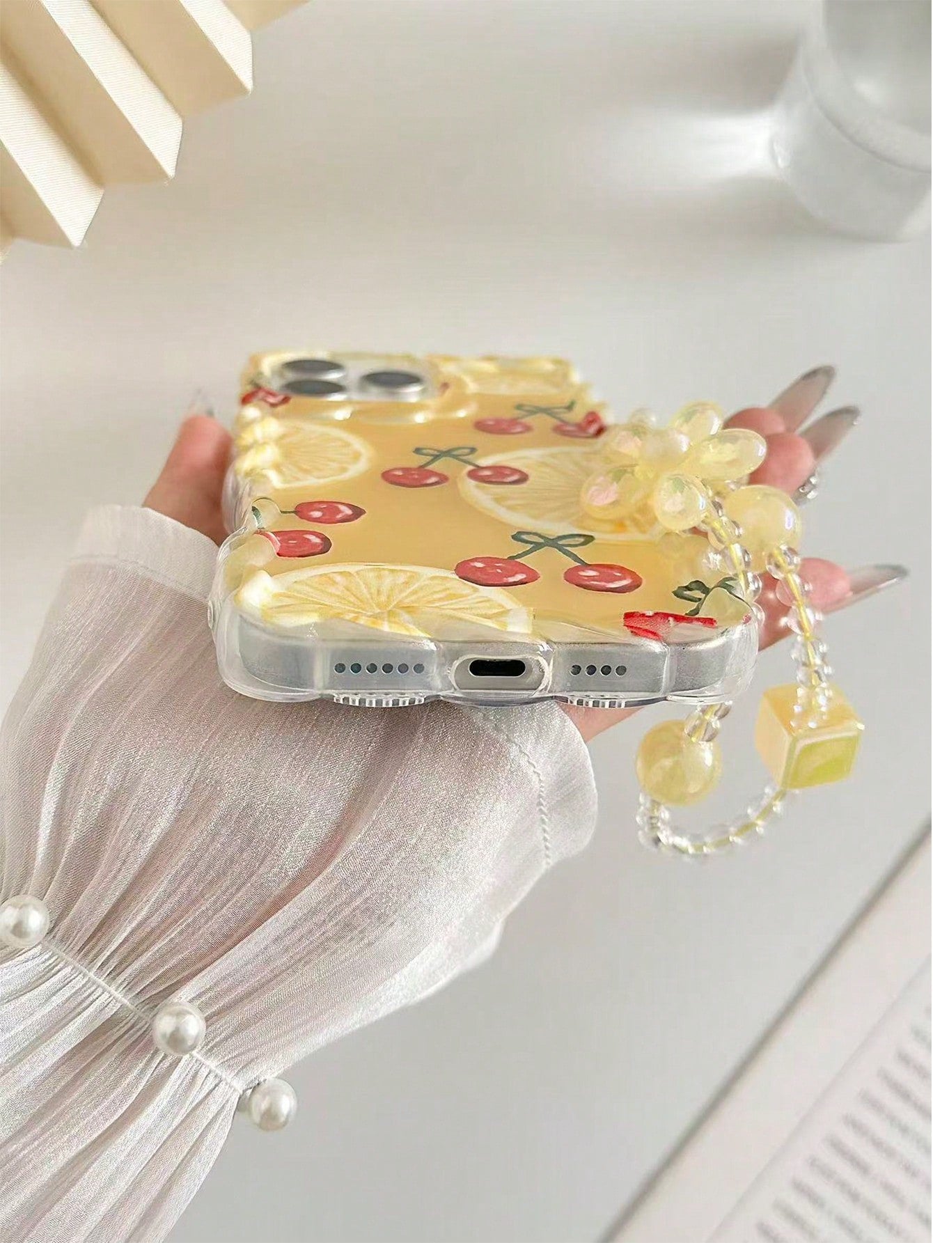 Orange Cherry Painted Braided Wave Edge Transparent Protective Phone Case Compatible With Iphone 17/17 Pro/17 Pro Max, 16/16 Pro/16 Pro Max/16 Plus, 14, 15, XS, XR, 7/8, 7P/8P, Printed Colorful Shockp