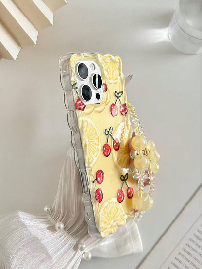 Orange Cherry Painted Braided Wave Edge Transparent Protective Phone Case Compatible With Iphone 17/17 Pro/17 Pro Max, 16/16 Pro/16 Pro Max/16 Plus, 14, 15, XS, XR, 7/8, 7P/8P, Printed Colorful Shockp
