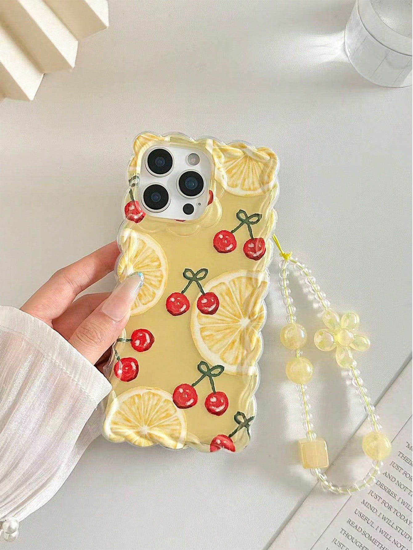Orange Cherry Painted Braided Wave Edge Transparent Protective Phone Case Compatible With Iphone 17/17 Pro/17 Pro Max, 16/16 Pro/16 Pro Max/16 Plus, 14, 15, XS, XR, 7/8, 7P/8P, Printed Colorful Shockp