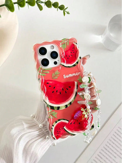 Orange Cherry Painted Braided Wave Edge Transparent Protective Phone Case Compatible With Iphone 17/17 Pro/17 Pro Max, 16/16 Pro/16 Pro Max/16 Plus, 14, 15, XS, XR, 7/8, 7P/8P, Printed Colorful Shockp