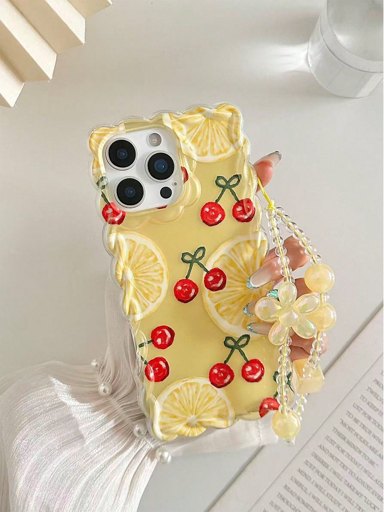Orange Cherry Painted Braided Wave Edge Transparent Protective Phone Case Compatible With Iphone 17/17 Pro/17 Pro Max, 16/16 Pro/16 Pro Max/16 Plus, 14, 15, XS, XR, 7/8, 7P/8P, Printed Colorful Shockp