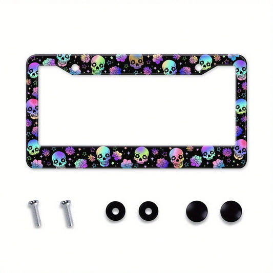 Original Design Colorful Skull Flower And Star Aluminum Alloy License Plate Frame