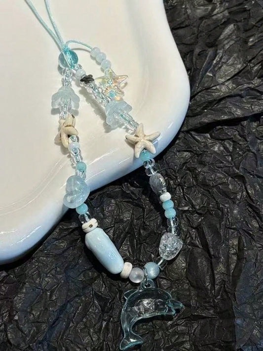 Original Handmade Phone Chain Korean Style Ins Blue Dolphin Fish Pendant Starfish Phone Case Lanyard Handmade Beaded CCD Camera Charm Anti-Loss Rope Earphone Case Bag Pendant For Women