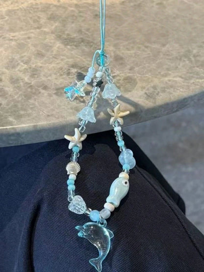 Original Handmade Phone Chain Korean Style Ins Blue Dolphin Fish Pendant Starfish Phone Case Lanyard Handmade Beaded CCD Camera Charm Anti-Loss Rope Earphone Case Bag Pendant For Women