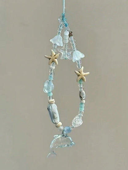 Original Handmade Phone Chain Korean Style Ins Blue Dolphin Fish Pendant Starfish Phone Case Lanyard Handmade Beaded CCD Camera Charm Anti-Loss Rope Earphone Case Bag Pendant For Women