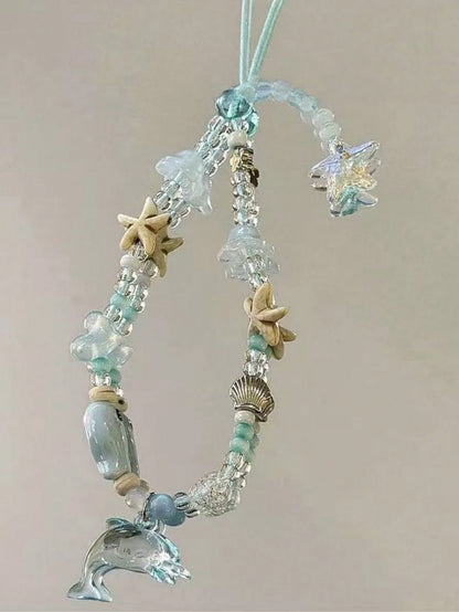 Original Handmade Phone Chain Korean Style Ins Blue Dolphin Fish Pendant Starfish Phone Case Lanyard Handmade Beaded CCD Camera Charm Anti-Loss Rope Earphone Case Bag Pendant For Women