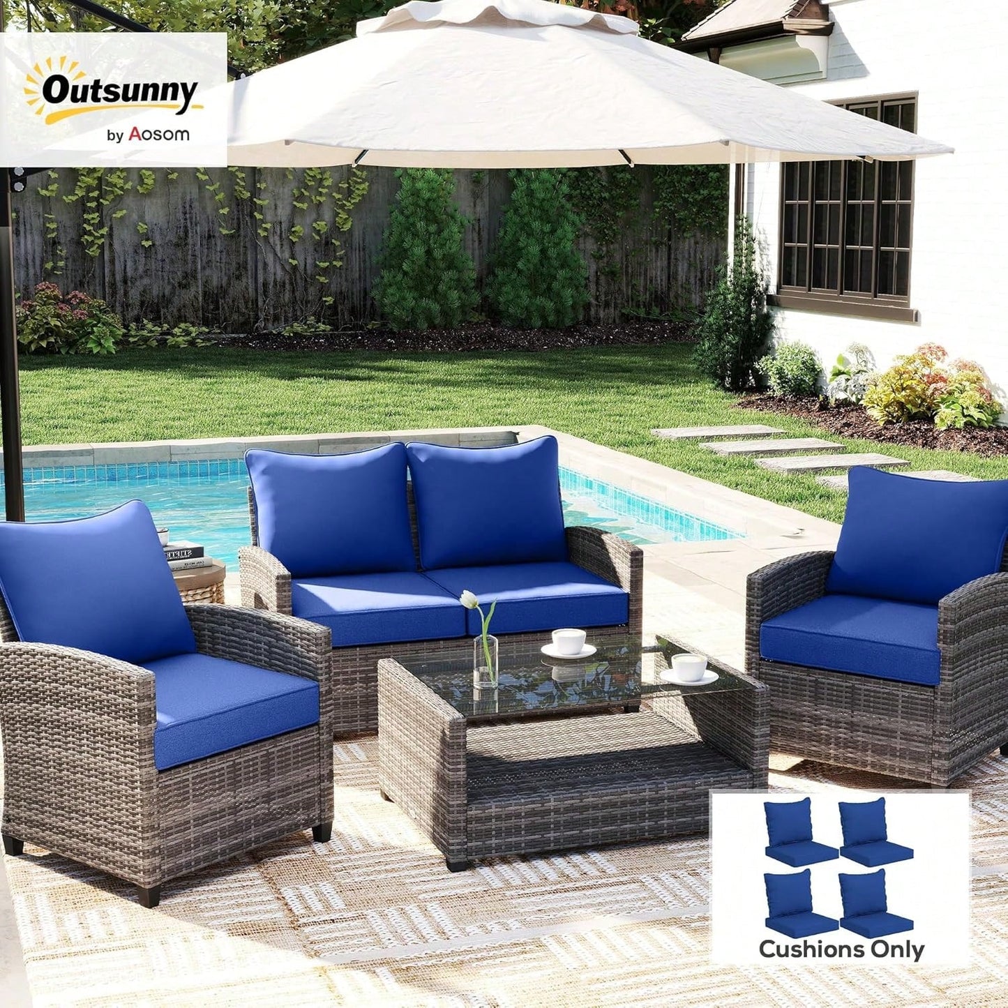 Outdoor Chair Cushions Set Of 4, Fade Resistant, 24 X 24 In Deep Seat, Patio Cushions For Chair, Sofa, And Outdoor Furniture, Navy Blue