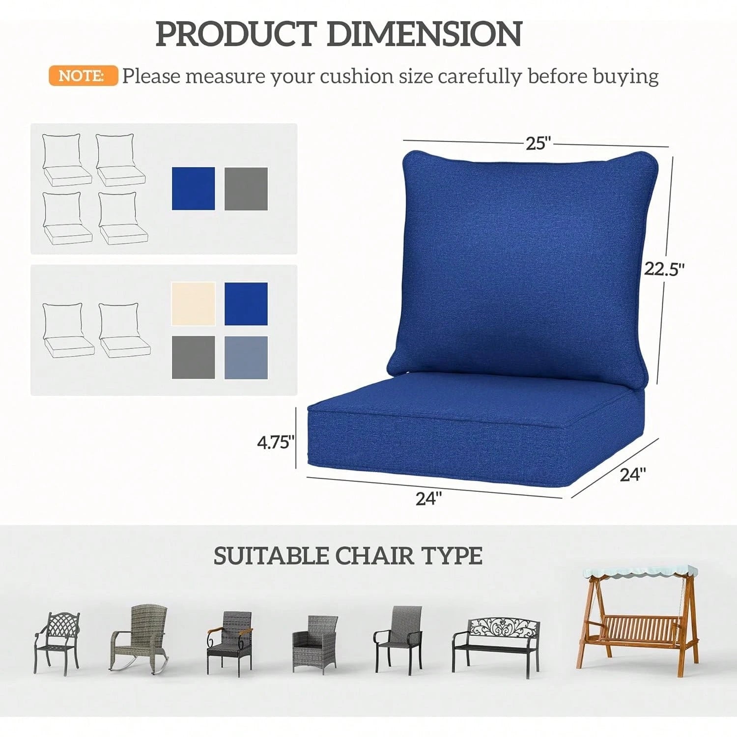 Outdoor Chair Cushions Set Of 4, Fade Resistant, 24 X 24 In Deep Seat, Patio Cushions For Chair, Sofa, And Outdoor Furniture, Navy Blue