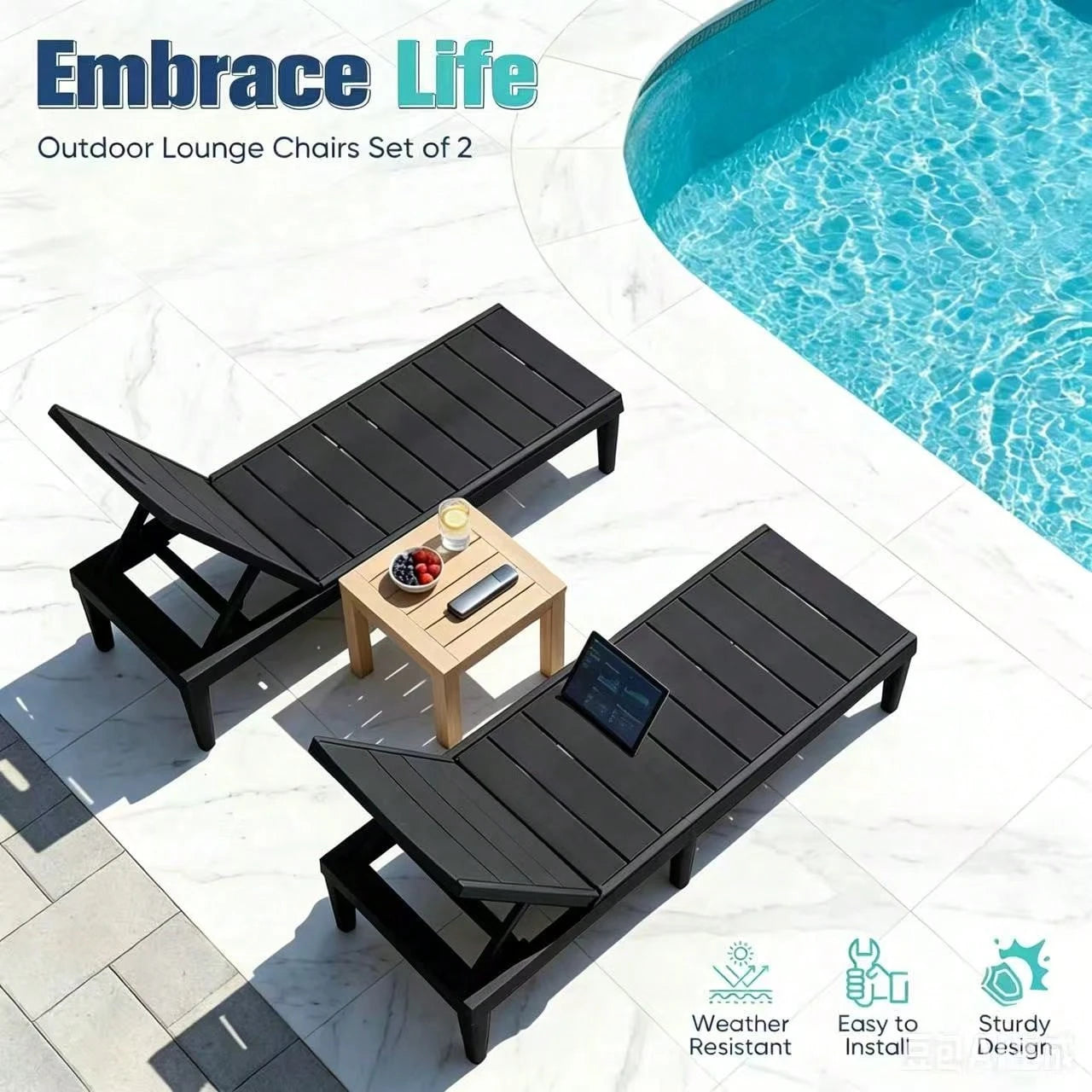 Outdoor Chaise Lounge Chair Set Of 2 With 5-Position Adjustable Back, Waterproof & Lightweight PP Lounge Chairs For Outside Pool Patio (Black)