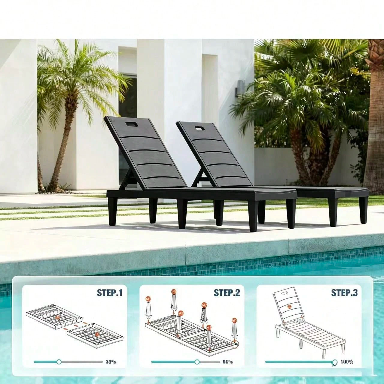 Outdoor Chaise Lounge Chair Set Of 2 With 5-Position Adjustable Back, Waterproof & Lightweight PP Lounge Chairs For Outside Pool Patio (Black)